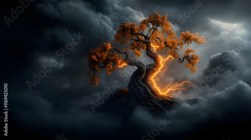 Centuries Old Oak Tree Surging with Otherworldly Ethereal Energy and Power Gnarled Branches Twisting and Contorting Cracked Bark Glowing with Natural Drama and Intensity photo