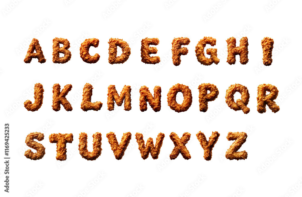 Made of Fried Chicken Alphabet Letters formed with crispy fried chicken pieces, golden and delicious. Savory and tempting, white background. Made of Fried Chicken Alphabet Letters formed with crispy fried chicken pieces, golden and delicious. Savory and tempting, white background.