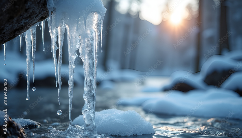Melting icicles hanging over a stream with sunlight reflecting off the water in a winter setting