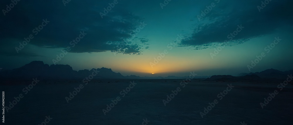 Tranquil Desert Sunset with Silhouetted Mountains and Dramatic Sky Tranquil Desert Sunset with Silhouetted Mountains and Dramatic Sky
