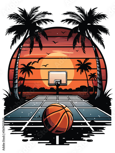 A basketball court with palm trees and a basketball at sunset, retro color tone.