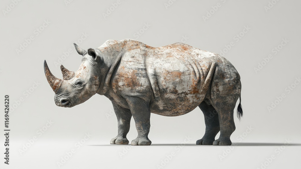 Fototapeta premium A weathered rhino stands against a light backdrop. Its textured skin suggests age and resilience. Ideal for wildlife scenes, educational materials, or conservation campaigns.