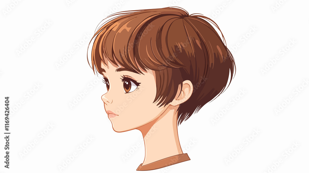 Cute anime character with super short brown pixie cut hairstyle for digital design Cute anime character with super short brown pixie cut hairstyle for digital design