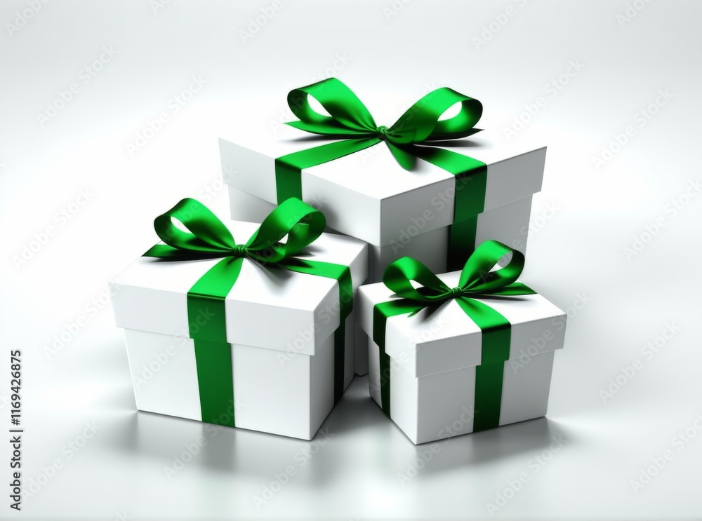 Gift boxes wrapped in white paper with green ribbons arranged beautifully on a clean surface ready for celebration Gift boxes wrapped in white paper with green ribbons arranged beautifully on a clean surface ready for celebration