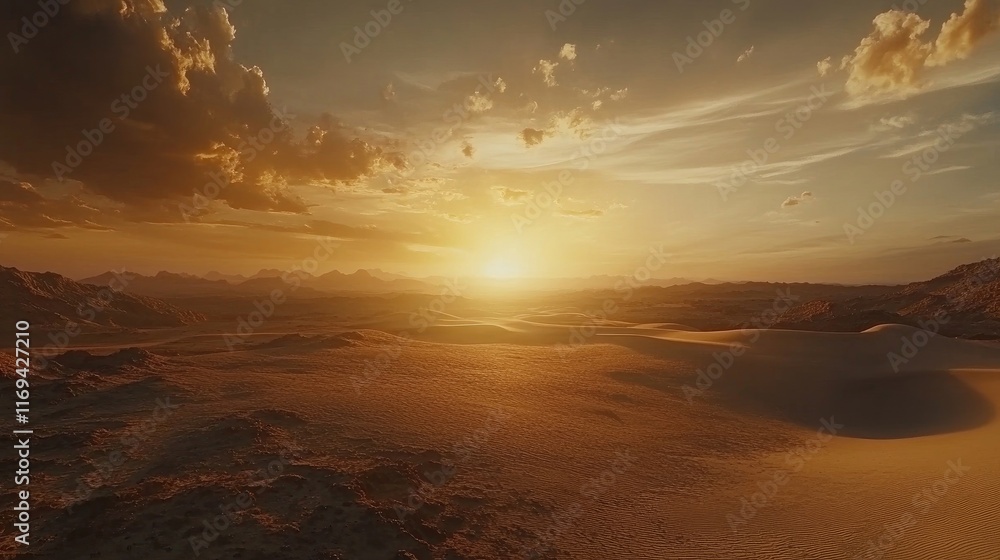 A breathtaking view of a vast desert landscape with rolling sand dunes and a dramatic sunset sky, capturing the beauty of solitude. 