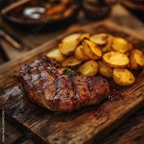 A perfectly grilled steak with golden-brown potatoes, served on a wooden table in a warm, rustic cabin. photo