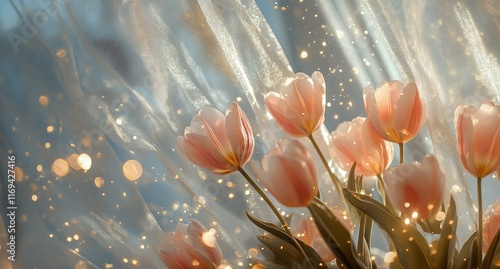 Bright pink tulips in sunlight with sparkling bokeh behind