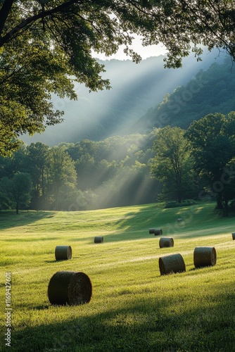 Serene early morning light illuminating a peaceful field with hay bales in a ...