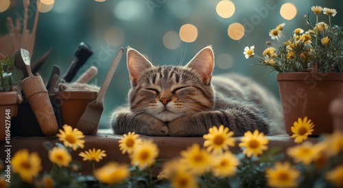 Cat lounging among vibrant flowers and garden tools in a sunny outdoor setting