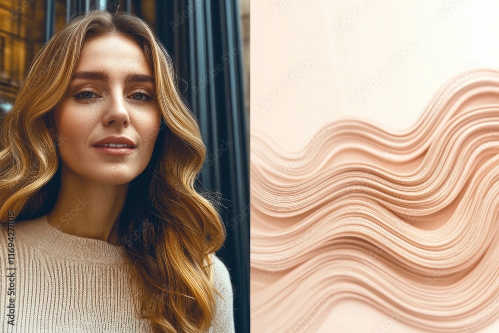 Fototapeta premium Young caucasian female with wavy hair and abstract cream waves design