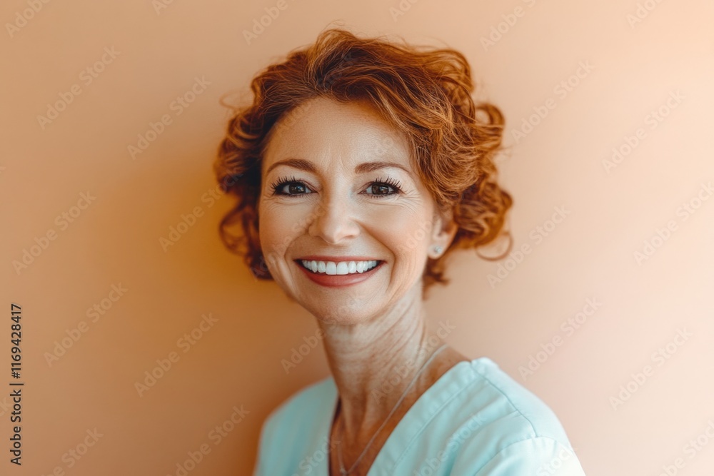 Smiling mature caucasian female against peach background Smiling mature caucasian female against peach background