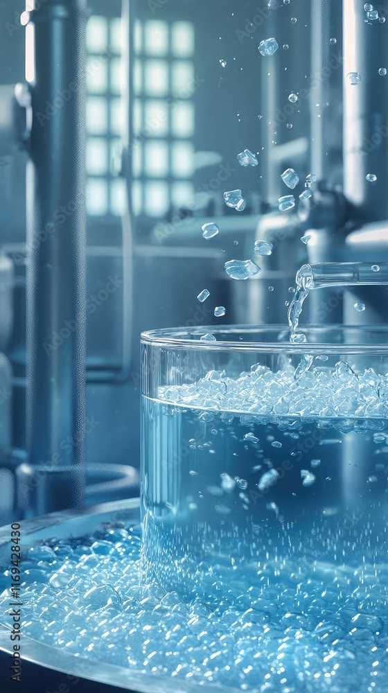 Clear Water Pouring into Glass Container with Ice Crystals Surrounding Clear Water Pouring into Glass Container with Ice Crystals Surrounding