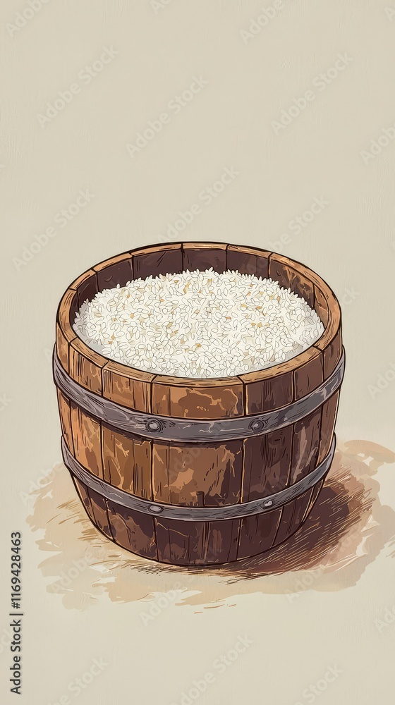 Wooden Barrel Filled with Uncooked White Rice on Neutral Background Wooden Barrel Filled with Uncooked White Rice on Neutral Background