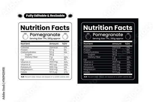 Pomegranate nutrition facts. Pomegranate nutritional value. Nutrition facts label of pomegranate. Editable and resizable templates of nutrition facts, supplement facts and vitamin facts.