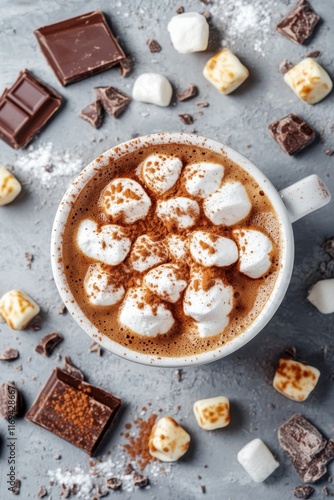 Warm mug of hot chocolate with marshmallows and spices on a cozy table setting