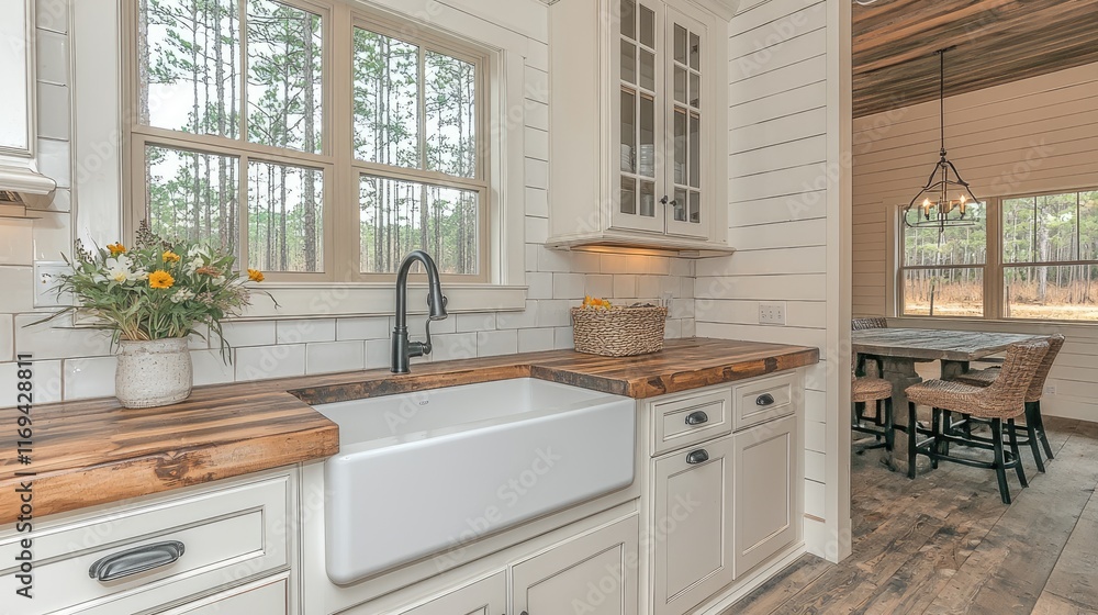 Charming Farmhouse Kitchen with Apron Sink, White Subway Tiles, and Shiplap Walls Charming Farmhouse Kitchen with Apron Sink, White Subway Tiles, and Shiplap Walls
