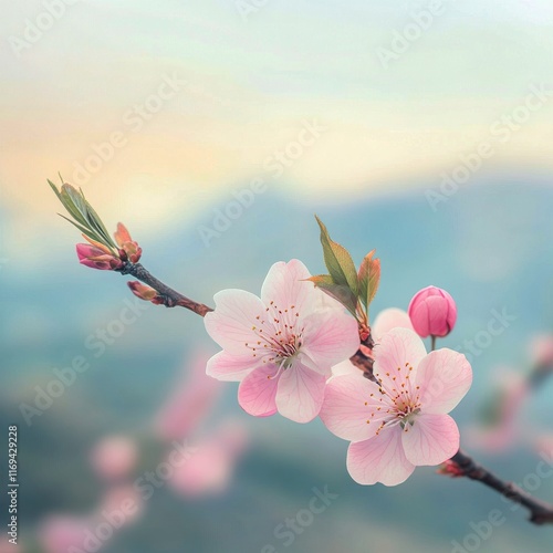 Cherry blossom branch with delicate pink flowers and closed buds against a so...
