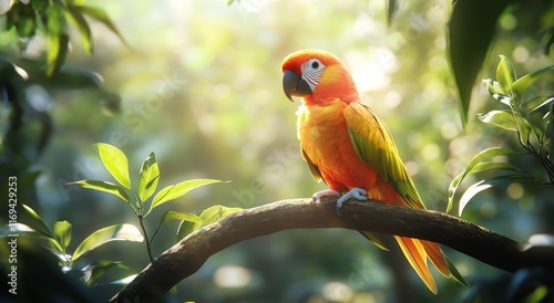 Vibrant parrot perched on a branch amidst lush greenery at sunset