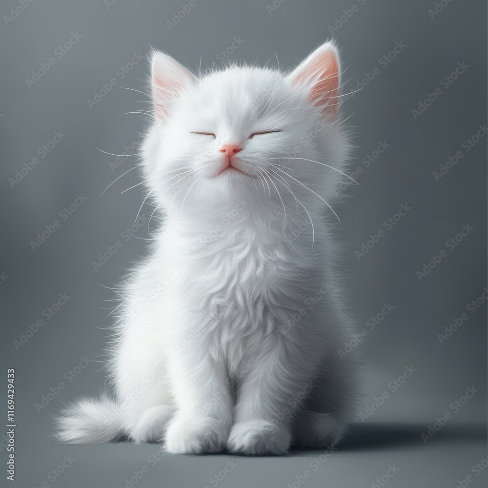 Fluffy white kitten with closed eyes sitting calmly against a soft pink surface. Reflects peace, contentment, and tender companionship. Fluffy white kitten with closed eyes sitting calmly against a soft pink surface. Reflects peace, contentment, and tender companionship.
