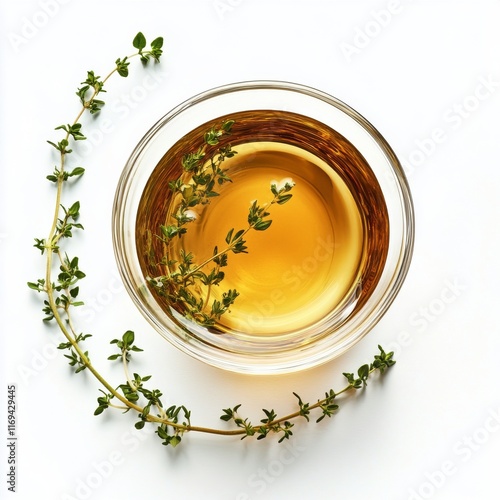 Fresh thyme infused oil in clear glass bowl with green herbs on white background