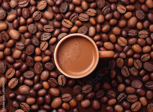 Mocha mousse creative background with mochaccino coffee cup on the table surrounded by roasted beans. Color of the year 2025 in light brown shade with a mix of warm cacao tones photo