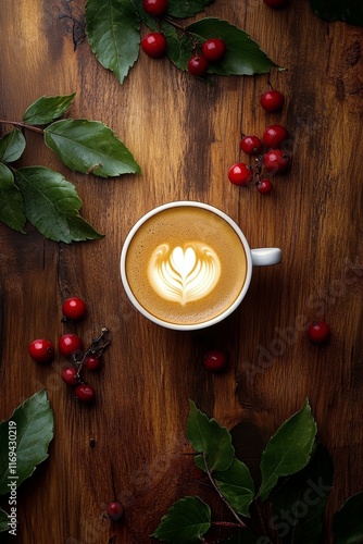 Warm coffee cup with artistic foam surrounded by red berries and green leaves...