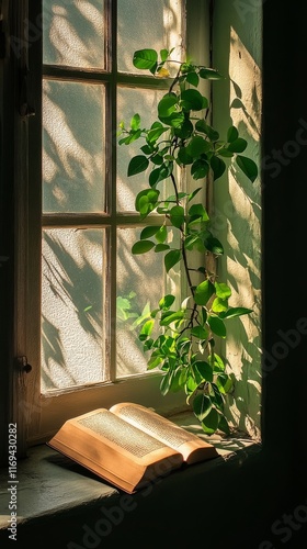 Natural light shines on an open book beside a lush green plant in a cozy wind...
