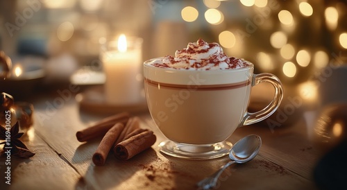Warm holiday drink with festive decorations on a wooden table during winter e...