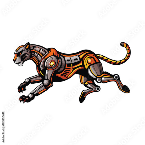 A cybernetic cheetah in mid-sprint, with a single hydraulic limb, depicted in a cartoon style with bright colours and sharp lines.