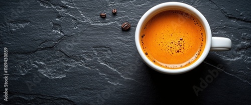 Rich brown coffee in a ceramic cup on a dark surface with a textured background