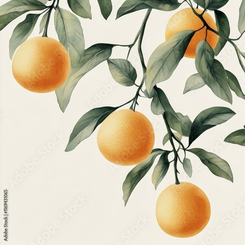 Bright oranges hanging from tree branches in vibrant botanical illustration