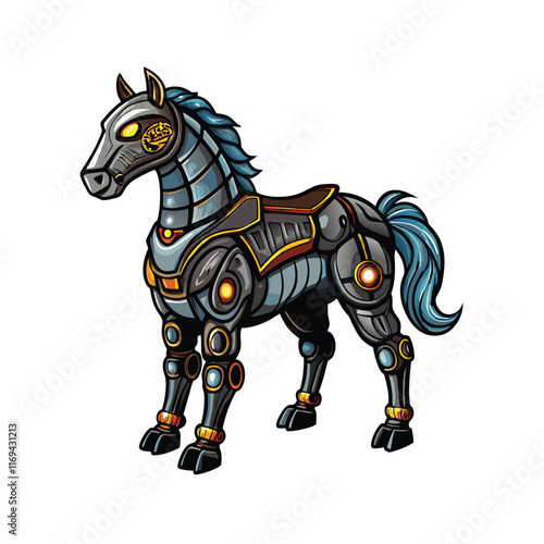 A cybernetic horse with hydraulic legs and an armored body.