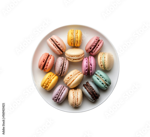 Collection of colorful French macarons arranged on a white plate, showcasing vibrant pastel shades and a variety of flavors. Isolated on transparent background, png. photo