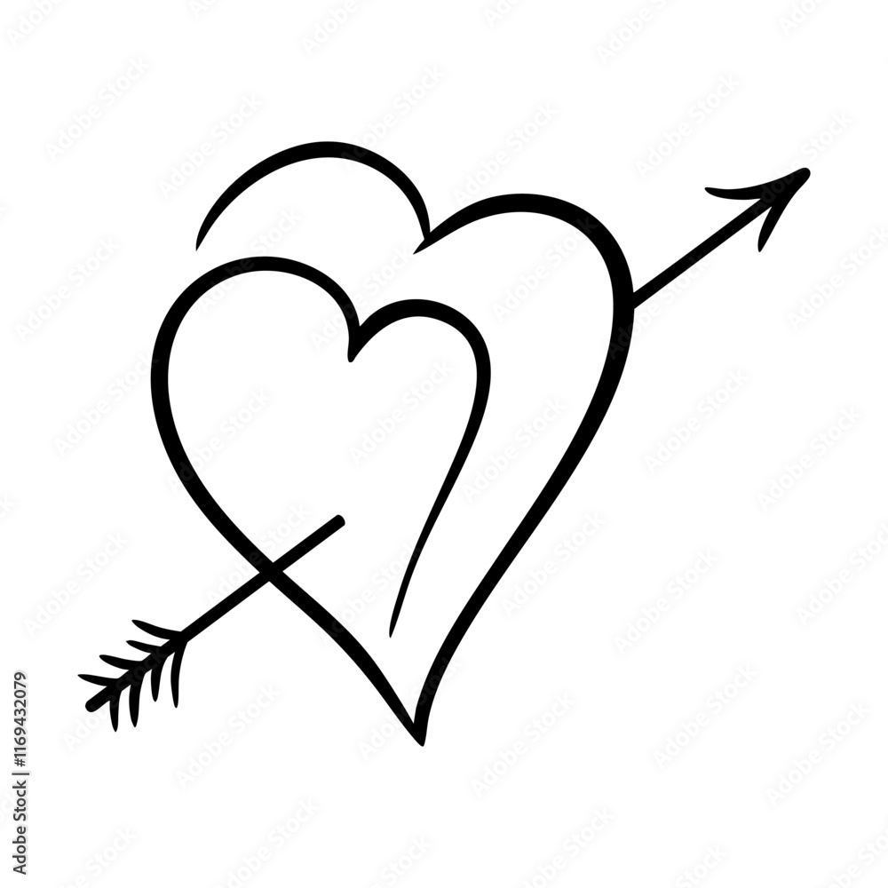 Vector hearts with arrow in line art style. Cupid arrow pierced the hart. Graphic monochrome drawing. Hand drawn heart outline sketch, ink illustration. Design element Valentines day. Vector hearts with arrow in line art style. Cupid arrow pierced the hart. Graphic monochrome drawing. Hand drawn heart outline sketch, ink illustration. Design element Valentines day.