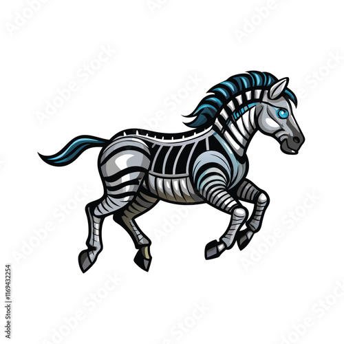 A cybernetic zebra with metal stripes and hydraulic limbs running.