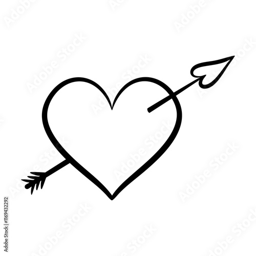 Vector heart with arrow in line art style. Cupid arrow pierced the hart. Graphic monochrome drawing. Hand drawn heart outline sketch, ink illustration. Design element Valentines day.