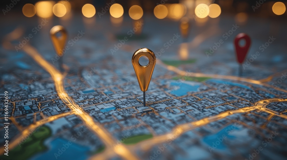 custom made wallpaper toronto digitalGolden location pin on a city map, illuminated by warm lights.  A symbol of navigation, travel, and discovery.