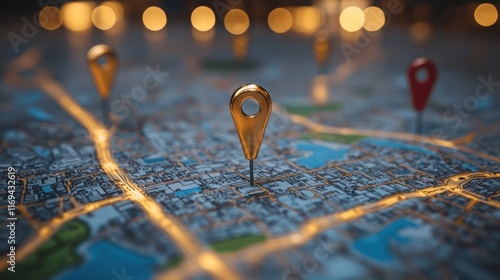 Wallpaper Mural Golden location pin on a city map, illuminated by warm lights.  A symbol of navigation, travel, and discovery. Torontodigital.ca