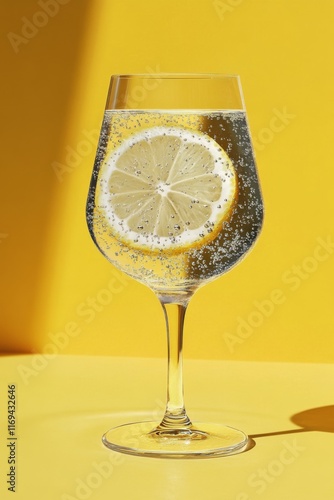Refreshing lemonade with ice and lemon slice on vibrant yellow backdrop