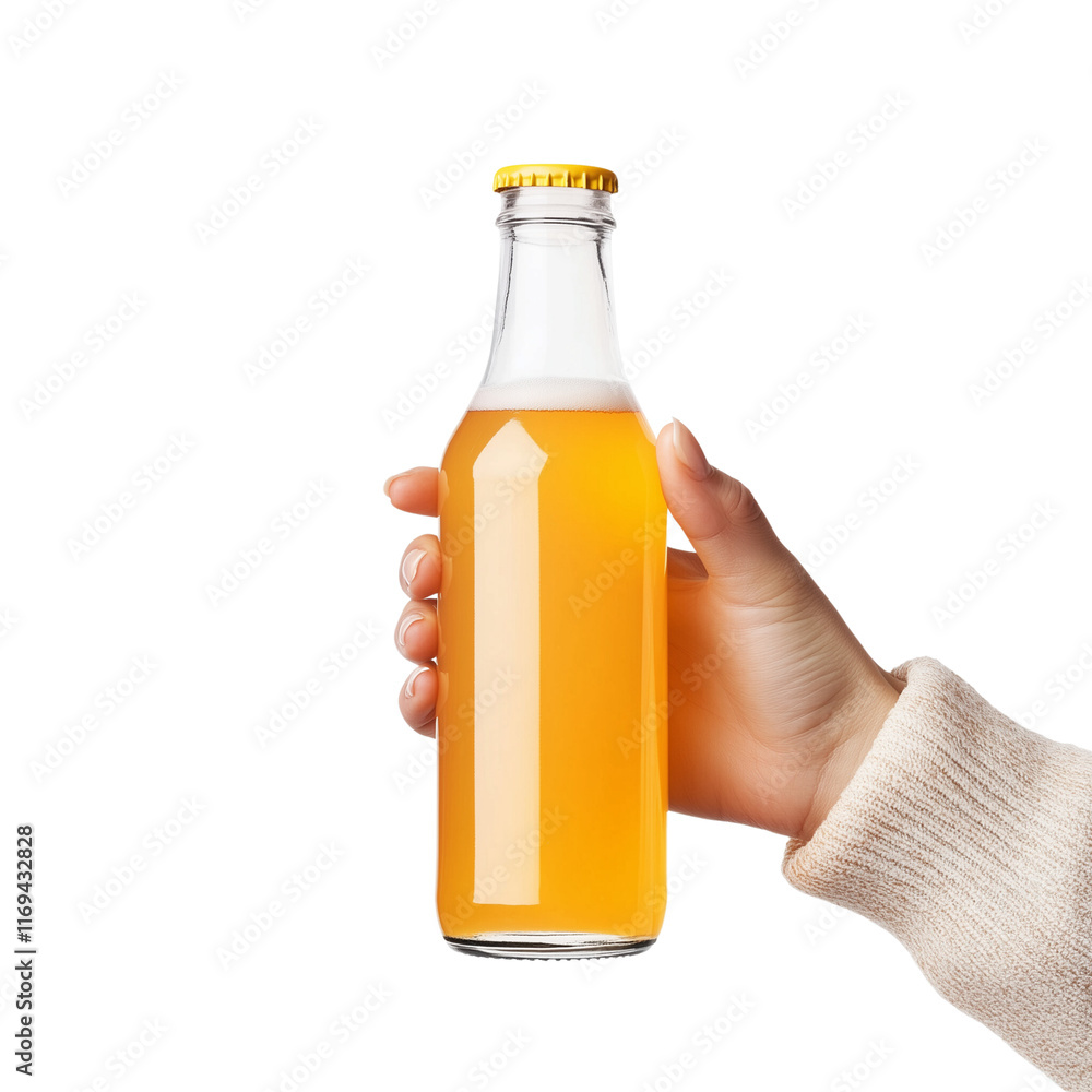 A hand holding a bottle of kombucha, isolated on a white A hand holding a bottle of kombucha, isolated on a white