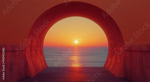 Sunset over the ocean viewed through a circular arch at a serene coastal loca...