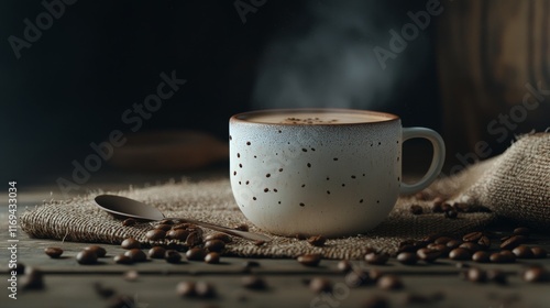 Cozy cup of coffee with steam rising on wooden table during a quiet morning
