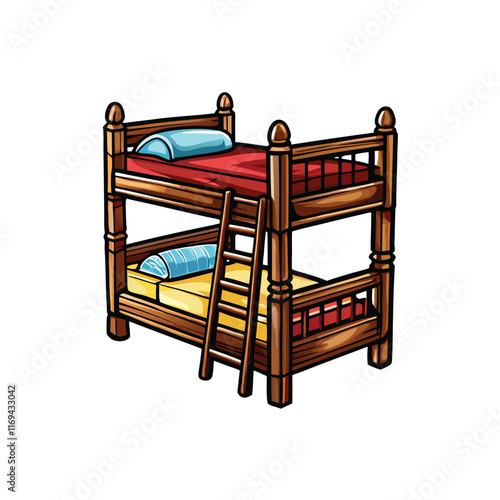A cartoon drawing of a wooden bunk bed with a ladder and matching bedding.