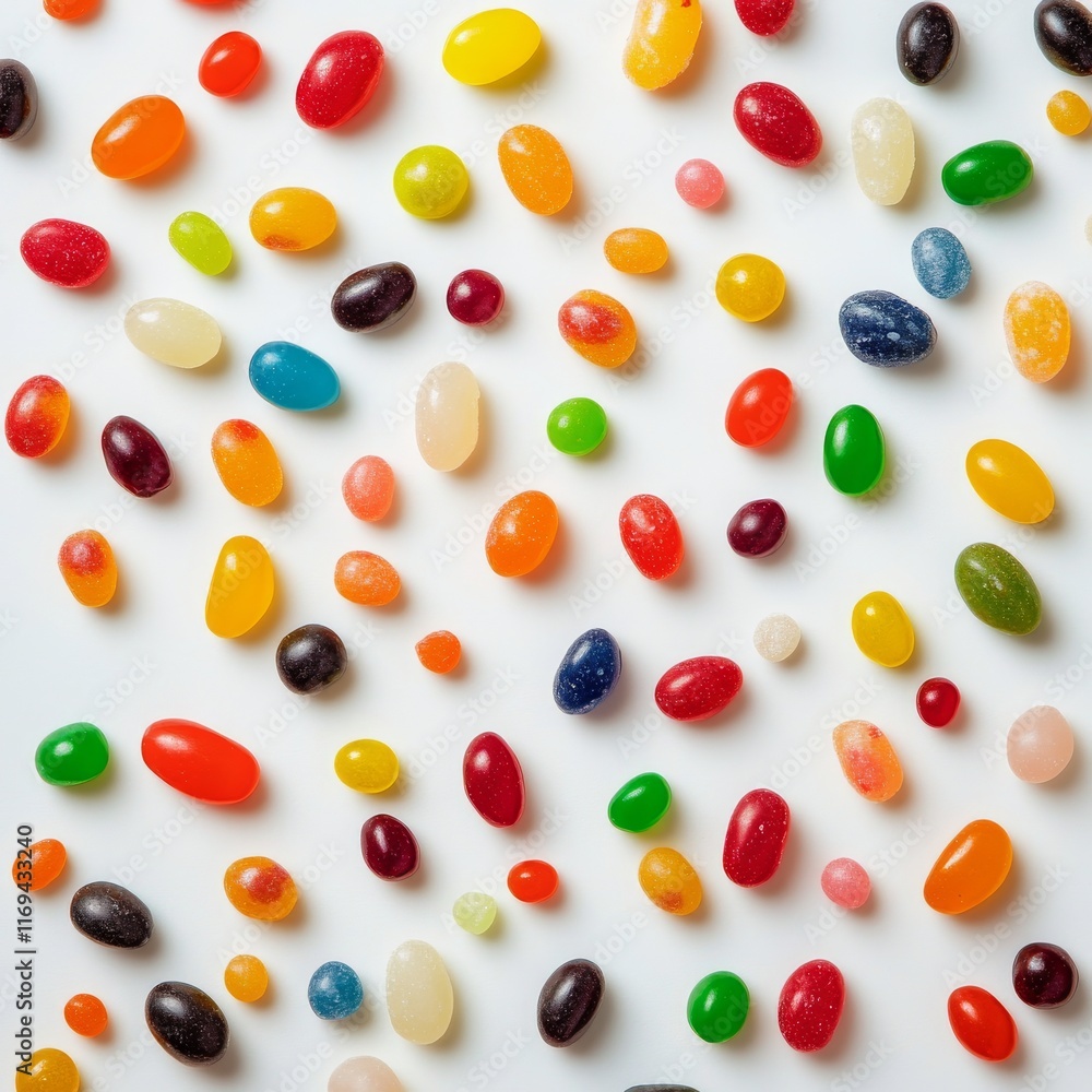 Colorful jellybeans spread across a white surface creating a vibrant and sweet display of treats Colorful jellybeans spread across a white surface creating a vibrant and sweet display of treats