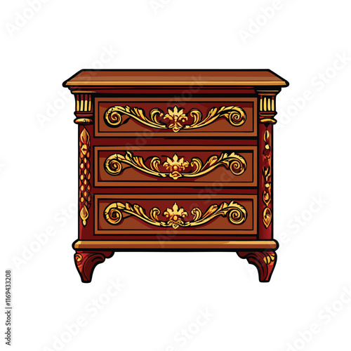 Generate an image of a detailed chest of drawers with brass handles and decorative accents.