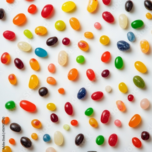 Colorful jellybeans spread across a white surface creating a vibrant and swee...