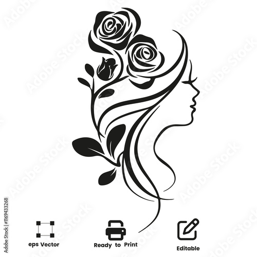 Elegant artistic Lady Silhouette with Rose flower and Leaf Design minimalist Vector Illustration eco friendly  beauty Print icon logo 