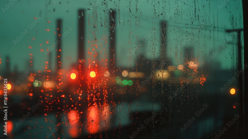 Urban Industry at Dusk with Raindrops on Window Pane Urban Industry at Dusk with Raindrops on Window Pane