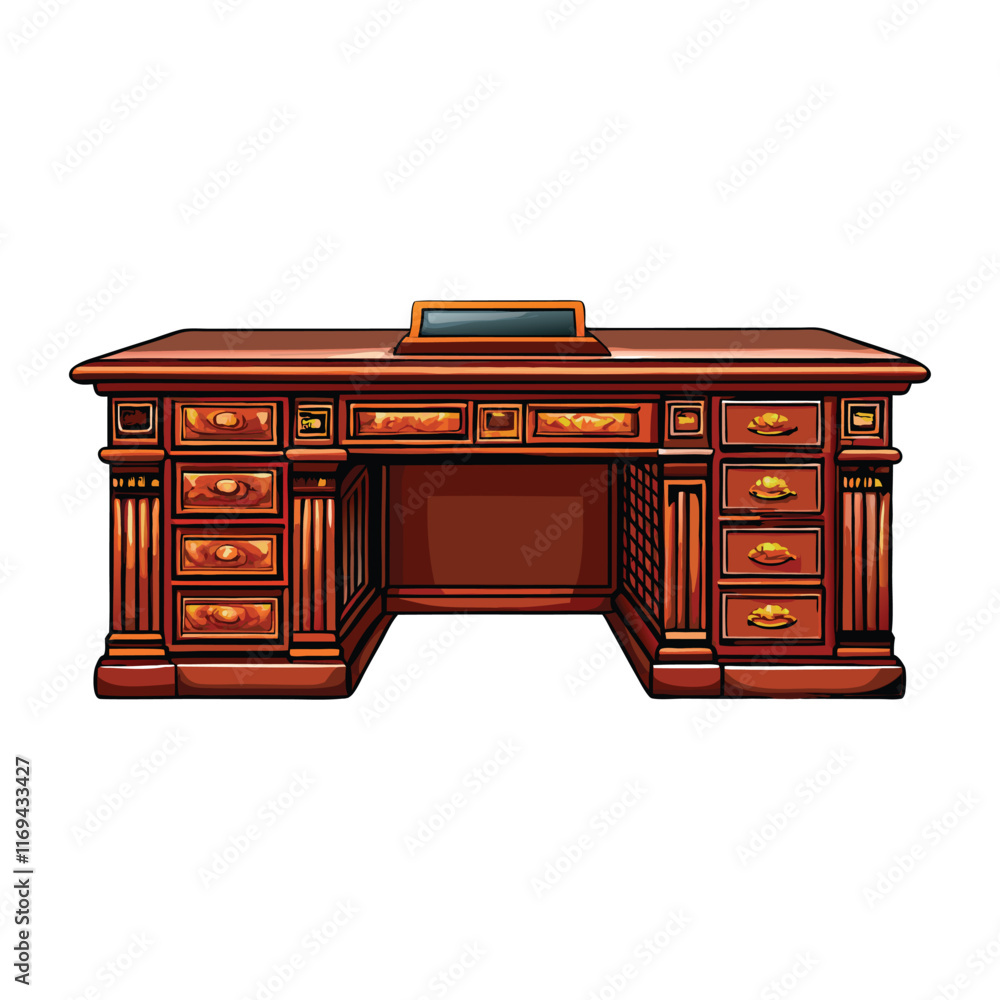 Illustration of a detailed executive office desk with a large surface, multiple drawers, and ornate design. Illustration of a detailed executive office desk with a large surface, multiple drawers, and ornate design.