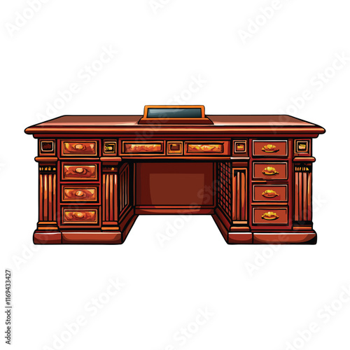 Illustration of a detailed executive office desk with a large surface, multiple drawers, and ornate design.
